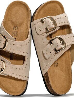 100% Genuine Leather Flat Sandals For Women 2026 Cork Footbed Womens Sandals wit